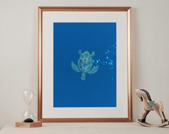 Impresión de tortuga marina, bajo el agua, minimalista moderno, decoración de pared imprimible, tortuga acuática, descarga digital