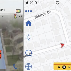 Könnte beinhalten: Ein Auto-Dashboard-Display, das die Fahrzeuggeschwindigkeit mit 53 km/h anzeigt, mit einer Batterieanzeige und einem Ampelsymbol. Der Bildschirm zeigt auch eine Karte mit einem roten Pfeil, der die Richtung des Autos und den Straßennamen "Mattos Dr." anzeigt.