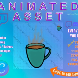 Café animado para Canva Twitch Discord | Emote de café, xícara de café, emote de café para discórdia e contração muscular, animação de caneca de café fumegante