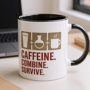 Caffeine Combine Survive Mug – Funny Science Gamer Coffee Cup – 11oz Survival Mug Gift – Multiple Colours – Free UK Shipping