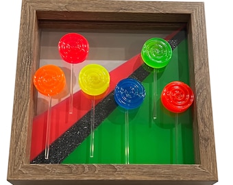 Retro Pop Art Lollipop Sculpture,  Framed Resin Candy Wall Decor