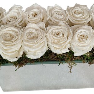 White Preserved Real Forever Roses in a glass mirror vase