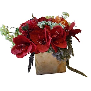 Real Touch floral arrangement filling a Gold ceramic vase  large RED lilies are velvet to the the touch and the hanging Amaranthus