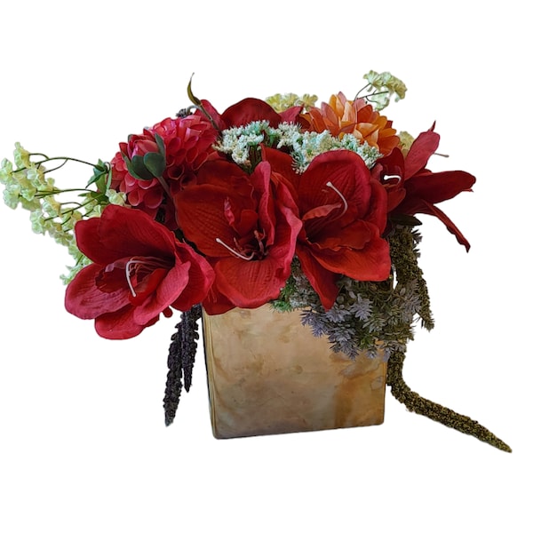 Real Touch floral arrangement filling a Gold ceramic vase  large RED lilies are velvet to the the touch and the hanging Amaranthus