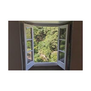 May include: A white-framed window, with two open doors, offers a view of a vibrant green landscape. The window is set in a neutral-toned wall, showcasing dense foliage and trees. The sunlight brightens the scene, creating a light and airy atmosphere.