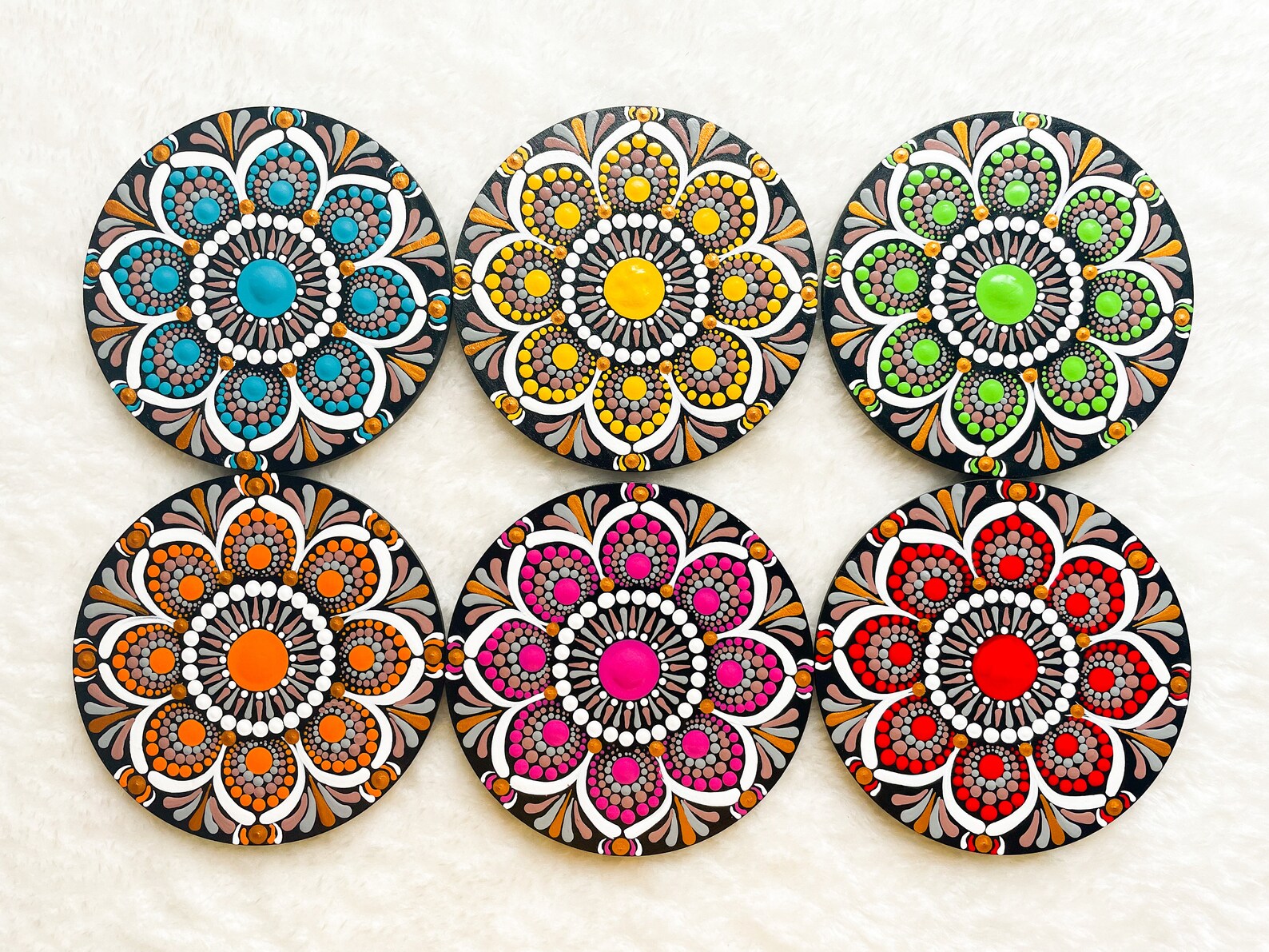 Red - Mandala Art Handpainted Wooden Coasters (Set of 6) 10