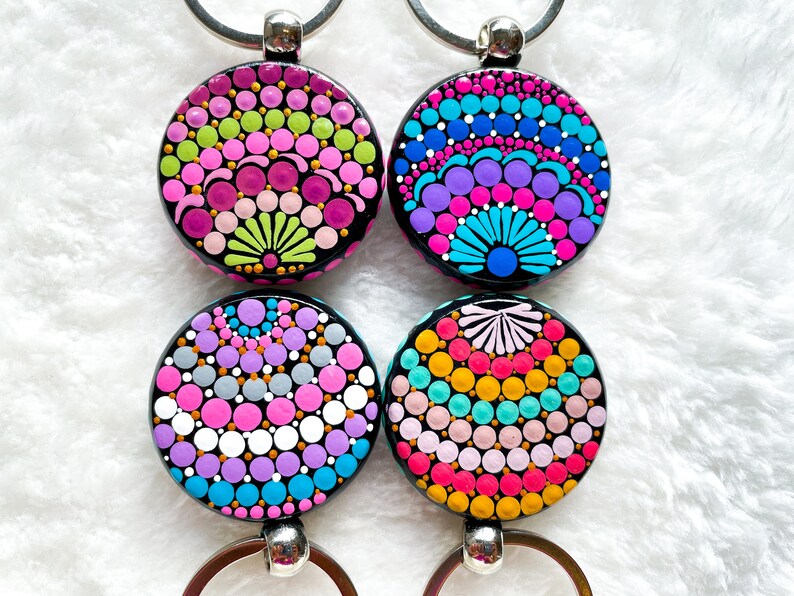 Small Gift Keychain Mandala Keychains Set of 4 Hand Painted Key Ring for Women Christmas ...