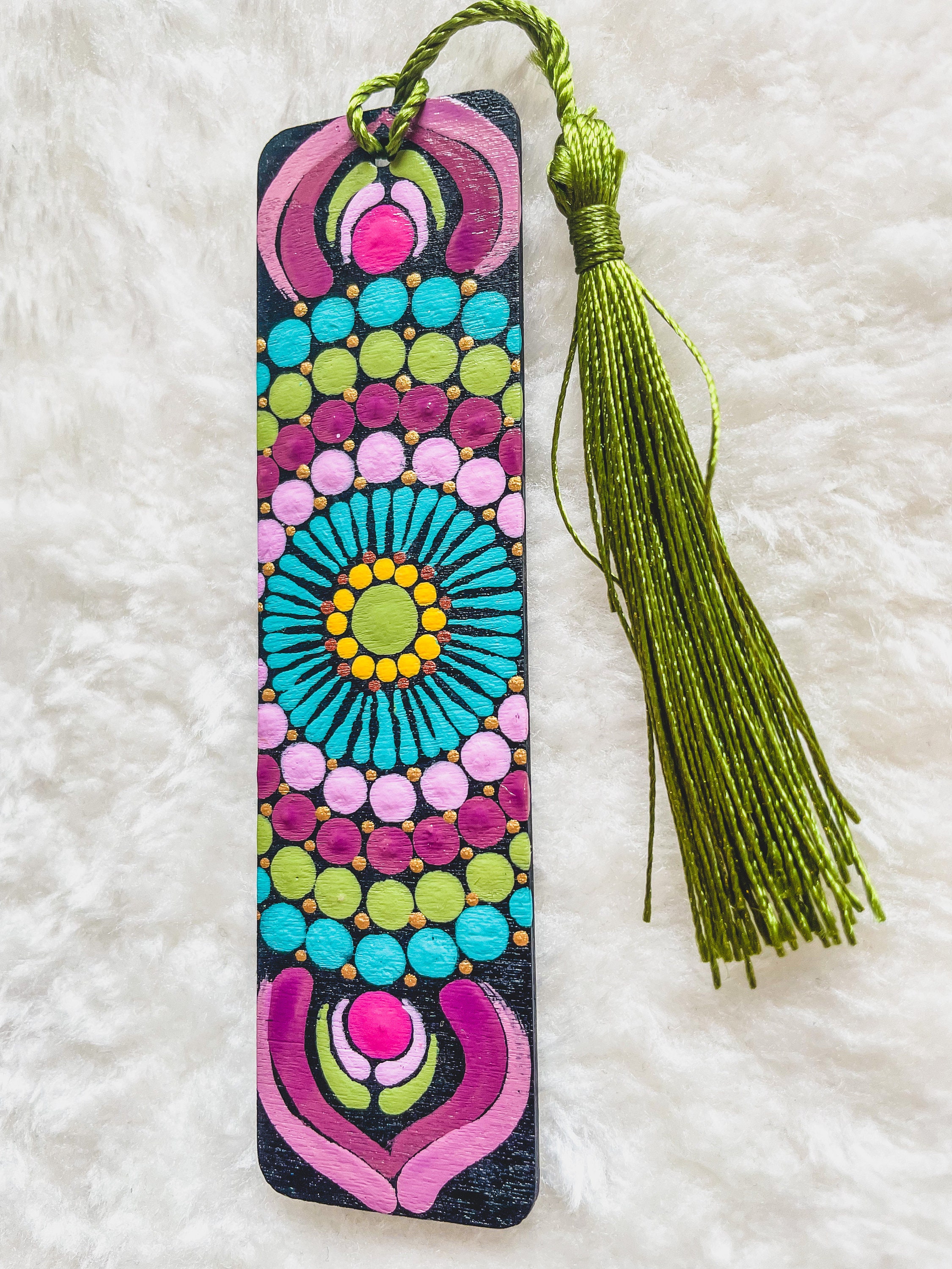 Hand Painted Bookmarks With Tassel Dot Mandala on Wood pic
