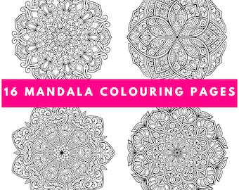 May include: Four intricate black and white mandala designs are displayed on a white background. A bright pink banner across the image reads "16 MANDALA COLOURING PAGES". The mandalas are circular with detailed patterns, suitable for coloring.