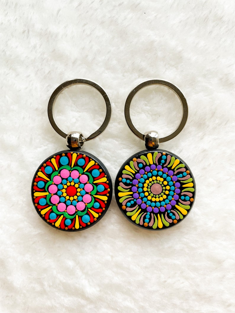 Mandala Keychain Set Hand Painted Key Chain Dot Mandala Etsy
