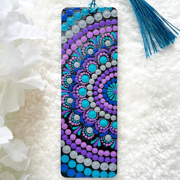 Hand Painted Bookmark on Wood Blue Dot Mandala Thank you Gifts Bookmarks Gifts Book Readers Gifts Cute Mandala Bookmark with Tassels