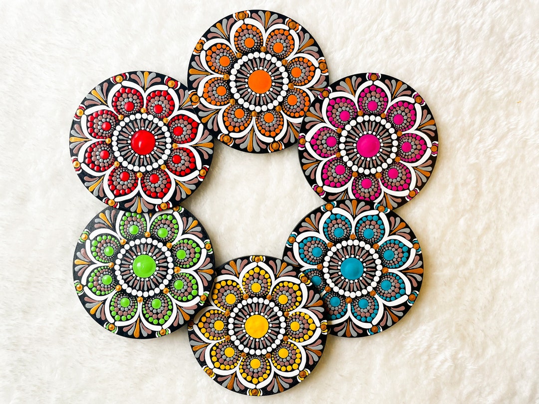 Multicolor - Handpainted Mandala Art Wooden Coasters (Set of 6) 12