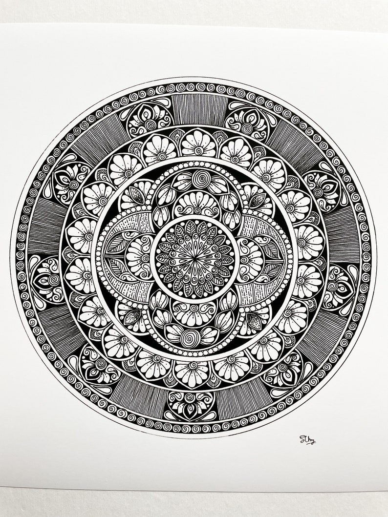 Hand Drawn Mandala Art Print Black and White Home Decor Boho Printable ...