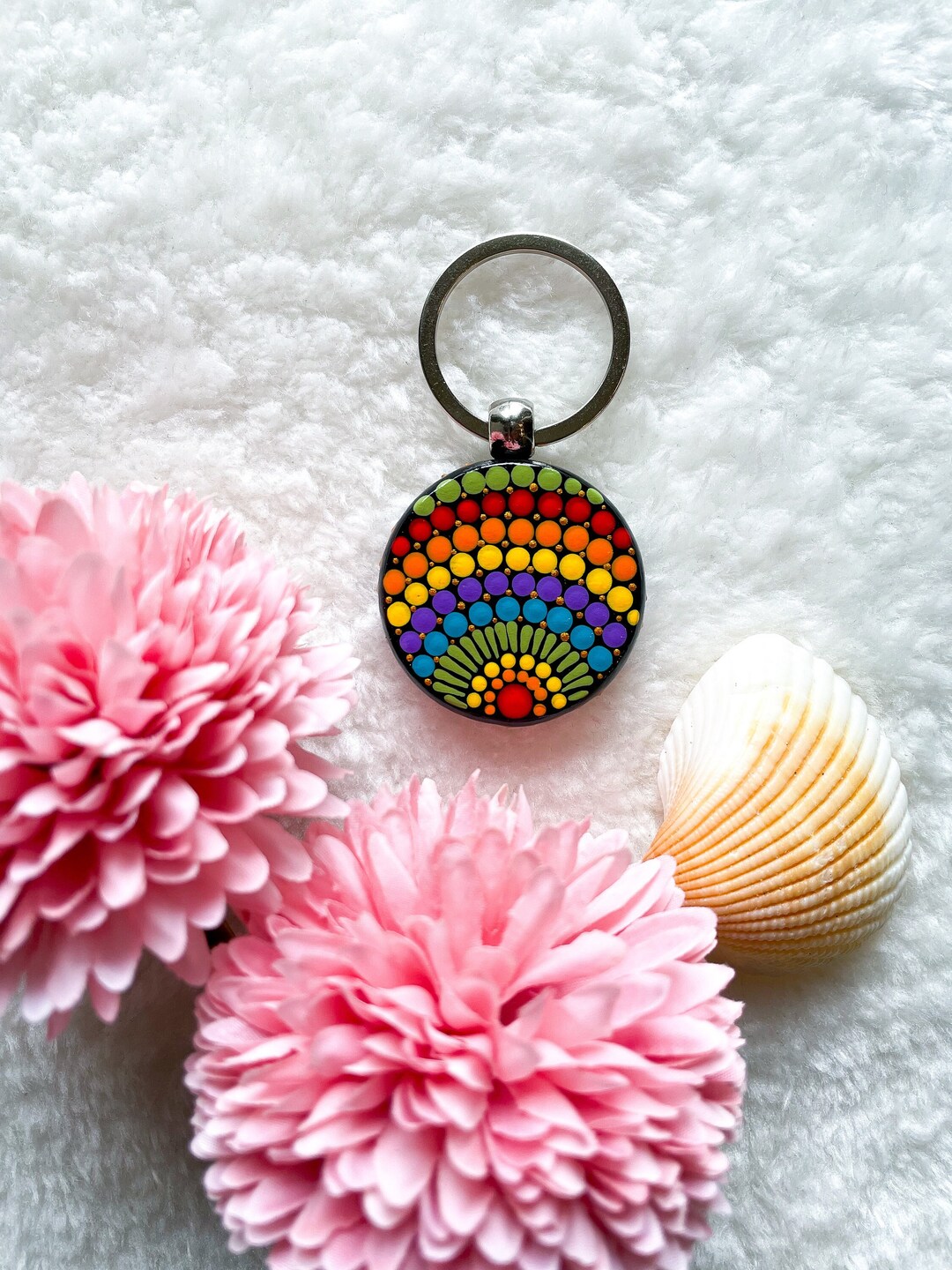 Rainbow Keychains Hand Painted Dot Mandala Key Chain New Home Etsy