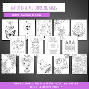 Tattoo inspired coloring pages (16 sheets- digital download)