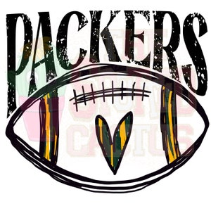 May include: Black and green graphic with the word "PACKERS" in a distressed font. A football with black and green stripes and a heart with black and green stripes is in the center of the graphic.