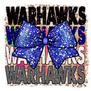 May include: A blue glitter bow with a black and gold "Warhawks" text overlay. The background is a leopard print pattern.
