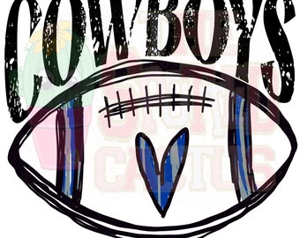 May include: Black and white graphic design of a football with the word "COWBOYS" above it. The football has a blue and white striped heart in the centre.