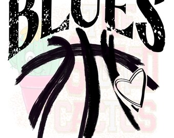Puede incluir: Diseño gráfico en blanco y negro con la palabra "BLUES" en una fuente desgastada. Un balón de baloncesto con un diseño de corazón está en el fondo.