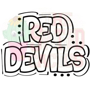 Könnte beinhalten: Schwarz-weiße Cartoon-Illustration des Textes "RED DEVILS" mit einer gepunkteten Linie um den Text.