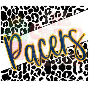 May include: A black and white leopard print background with a white diagonal stripe. The word "Pacers" is written in blue with a yellow outline.