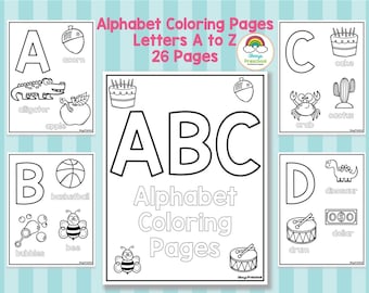 Libro para colorear de páginas para colorear del alfabeto, imprimible para niños, 26 páginas, de la A a la Z