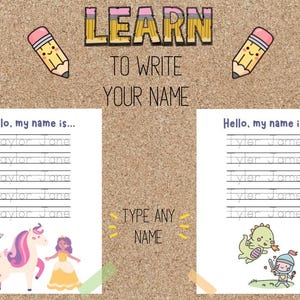 Könnte beinhalten: Ein pädagogisches Arbeitsblatt mit dem Titel LEARN TO WRITE YOUR NAME mit zwei Spalten, die den Text Hello, my name is... und Übungszeilen enthalten. Links sind ein Einhorn und eine Prinzessin, rechts ein Drache und ein Ritter abgebildet.