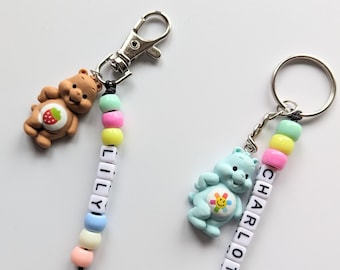 Teddy bear keyring, Care bear custom keyrings, novelty keyring, personalise with a name, bag charm, personalised keyring, stocking filler