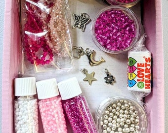 Jewellery kit, make your own bracelets, pink jewellery kit, crystal bead kit, DIY kit, friendship bracelet kit, bead kit, charm bracelets