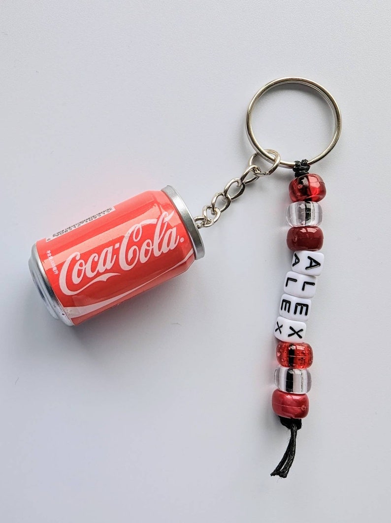 Fizzy drink can keyring, pop keyring, soda drink, novelty keyring, personalise with a name, bag charm, personalised keyring Coca Cola keychain