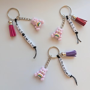Personalised Purple Care Bear Keychain: Beaded Bag Charm with Tassel