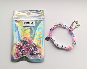 Unicorn bracelet kit, bracelet kit for girls, party bag favours, kids jewellery, craft kit, birthday gift, DIY bracelet, name bracelet