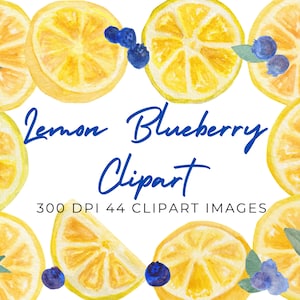 Aquarell Zitronen Clipart, Aquarell Blaubeere Clipart, Sofort Download, Zitronenscheiben, Sommer Dekoration, persönliche und kommerzielle Nutzung