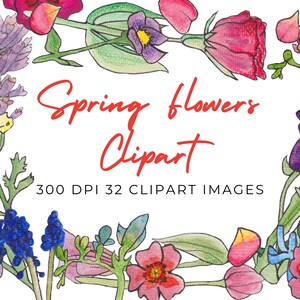 Spring Flowers Watercolor Clipart, Instant Download, Spring Decoration, Personal and Commercial Use