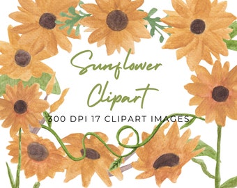 Zonnebloem aquarel clipart, Instant Download, bloemen, zomer decoratie, persoonlijk en commercieel gebruik