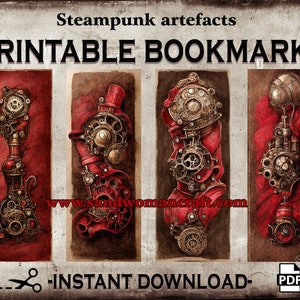 Printable bookmarks, Instant DOWNLOAD, Set of 4, Red Steampunk Artefacts, Industrial, Victorian, Gifts, Fantasy, Book lovers, Digital PDF