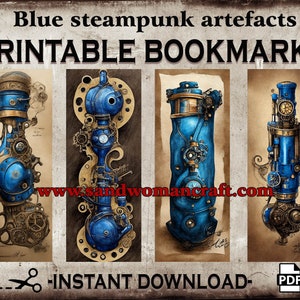 Printable bookmarks, Instant DOWNLOAD, Set of 4, Blue Steampunk Artefacts, Industrial, Victorian, Gifts, Fantasy, Book lovers, Digital PDF