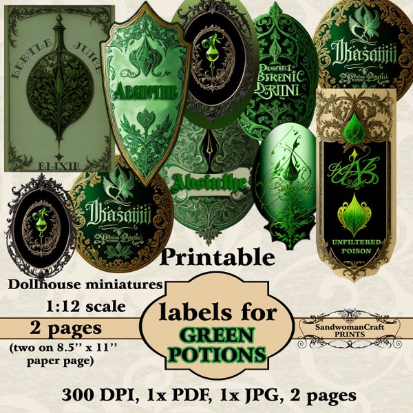 Dollhouse miniature, Instant Download, Labels for green potions, Printable, DIY, Digital PDF JPG, 1:12 scale, Elixir-Remedy-Potion-Absinthe