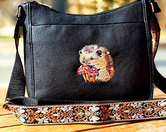 Embroidered Hedgehog Leather Messenger Bag: Forest Animal Purse