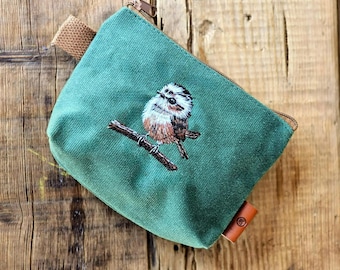 bird lover gift idea,embroidered purse for women,bird makeup bag,hand crafted purse,brown makeup pouch,canvas zip pouch,hand crafted purse