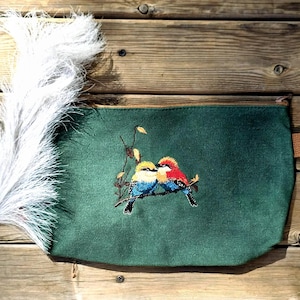 Embroidered Makeup Bag,Bird Lover Bag,Large Pencil Case,Large Pencil Case,embroidered purse for women,Cute Bird Embroidery,storage pouch kid