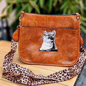 Katzenliebhaber Buch Tasche,Hubby Katze,Ledertasche bestickt, Crossbody Katzentasche, Frauen Leder Messenger Bag, einzigartige Jute Tasche