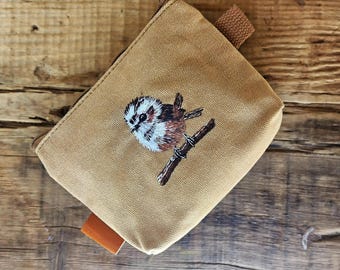Embroidered Bird Canvas Makeup Bag: Handcrafted Zip Pouch