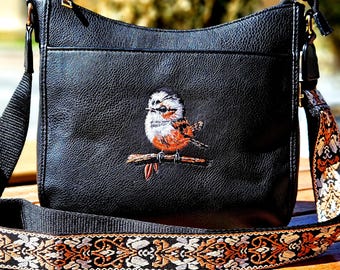 Embroidered Leather Crossbody Bag: Black Bird Design, Artisan Handbag