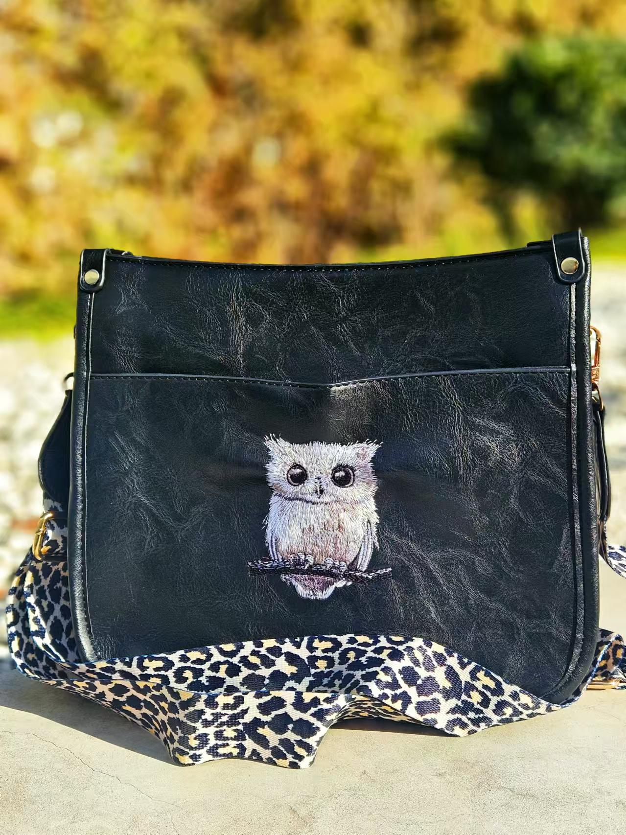 Hand Embroidered Owl Leather Crossbody Bag: Bird Lover Gift