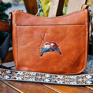 Hand Embroidered Bird Crossbody Bag: Artistic Leather Messenger