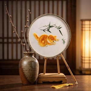 May include: A round, decorative fan with a hand-painted orange kitten design, bamboo, and a green insect. The fan is mounted on a wooden stand with a gold tassel. A ceramic vase with branches is in the foreground.