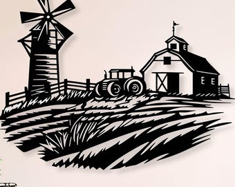 May include: Black metal wall art depicting a farm scene. The artwork features a windmill, barn, tractor, and a field with grass. The design is a silhouette, creating a minimalist and modern aesthetic. The artwork is mounted on a white wall, with a wooden cabinet and chair in the foreground.