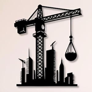 Arte mural de paisaje urbano con grúa de construcción, archivos cortados con láser CNC (svg, dxf, png)