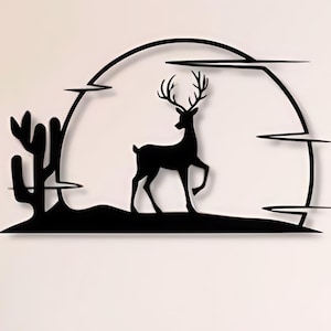 Deer Scene Dxf , Svg , Png , Files , Deer , Cactus , Sun , Sky , Sillhouette , Horn , Wall , Art , Cut , File , For , Cnc , Plasma , Laser